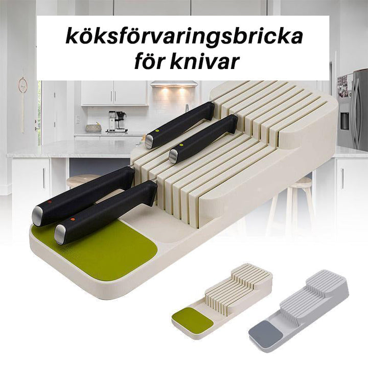 Grå beige köksförvaringsbricka, säker ordningssam knivförvaring, hållbar design för 9 knivar, 39.5x13x7 cm, PP-material.