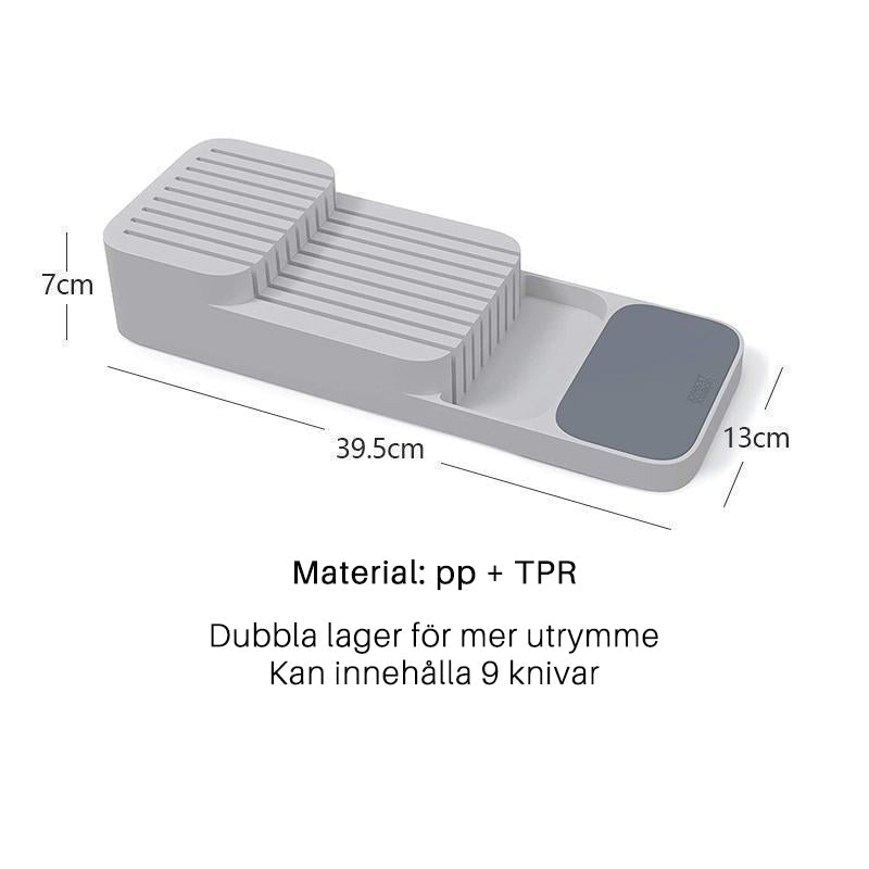 Grå beige köksförvaringsbricka, säker ordningssam knivförvaring, hållbar design för 9 knivar, 39.5x13x7 cm, PP-material.