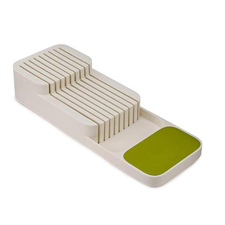 Grå beige köksförvaringsbricka, säker ordningssam knivförvaring, hållbar design för 9 knivar, 39.5x13x7 cm, PP-material.