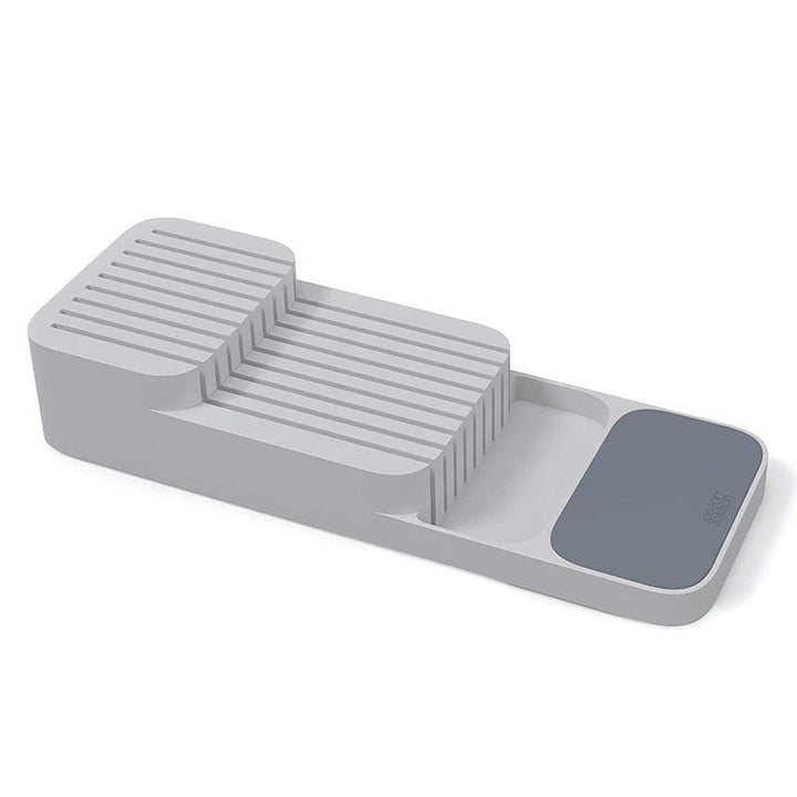 Grå beige köksförvaringsbricka, säker ordningssam knivförvaring, hållbar design för 9 knivar, 39.5x13x7 cm, PP-material.
