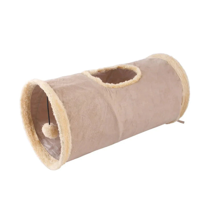 "Grå och beige hopfällbar kattunnel för lek och vila, elegant design för kattens stimulans och trygghet."