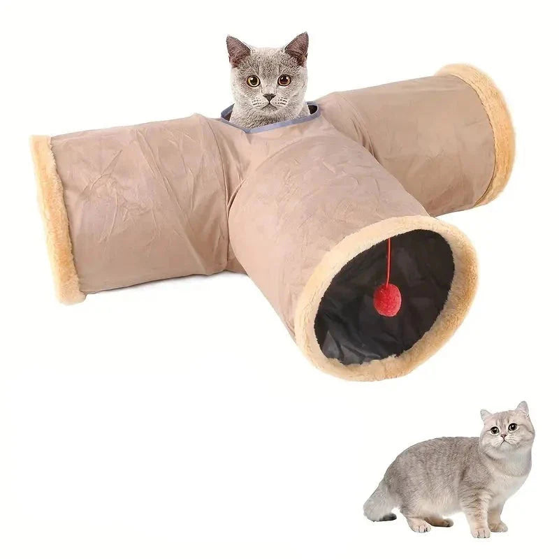"Grå och beige hopfällbar kattunnel för lek och vila, elegant design för kattens stimulans och trygghet."