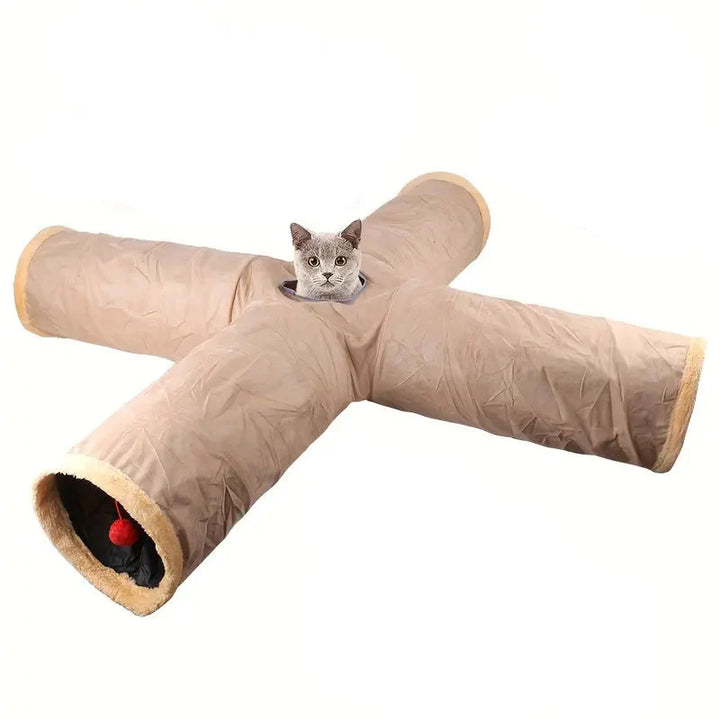 "Grå och beige hopfällbar kattunnel för lek och vila, elegant design för kattens stimulans och trygghet."
