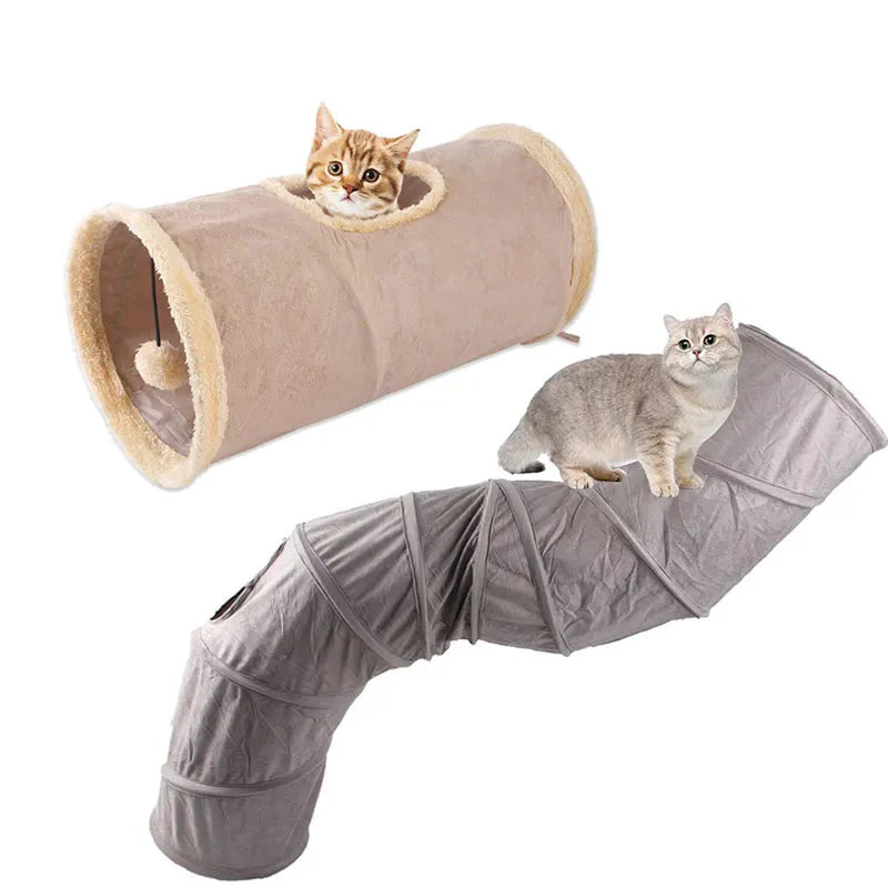 "Grå och beige hopfällbar kattunnel för lek och vila, elegant design för kattens stimulans och trygghet."