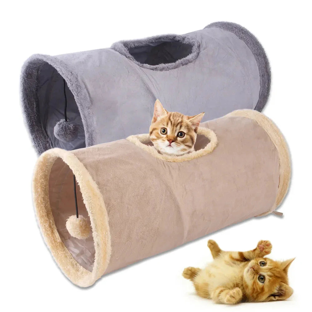 "Grå och beige hopfällbar kattunnel för lek och vila, elegant design för kattens stimulans och trygghet."