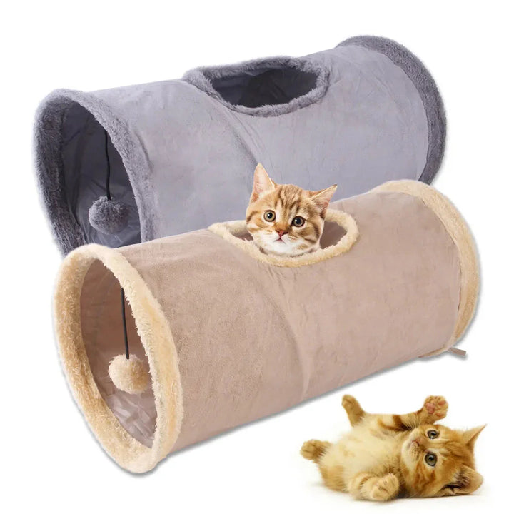 "Grå och beige hopfällbar kattunnel för lek och vila, elegant design för kattens stimulans och trygghet."