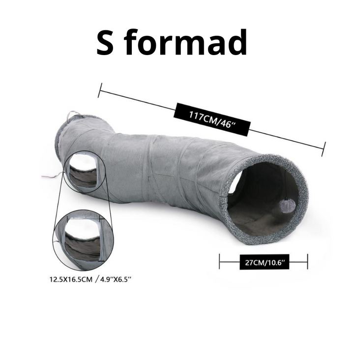 "Grå och beige hopfällbar kattunnel för lek och vila, elegant design för kattens stimulans och trygghet."