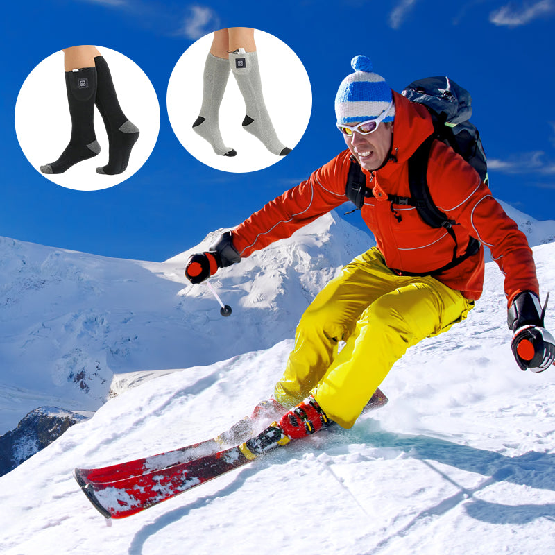 "Grå uppvärmda strumpor för utomhusbruk, kolfiberuppvärmning, justerbara temperaturinställningar, bekväma material."