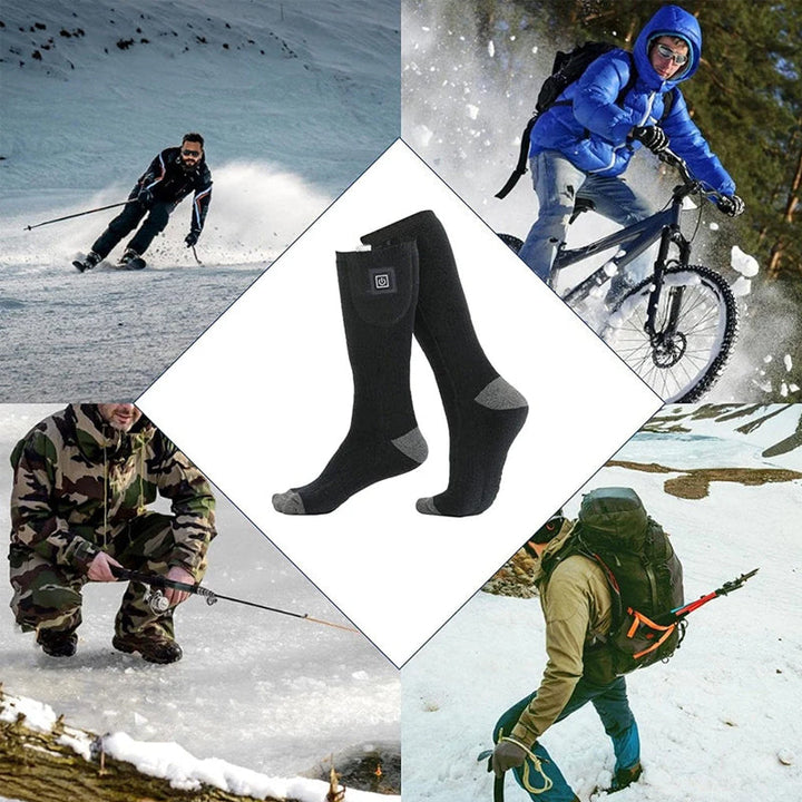 "Grå uppvärmda strumpor för utomhusbruk, kolfiberuppvärmning, justerbara temperaturinställningar, bekväma material."