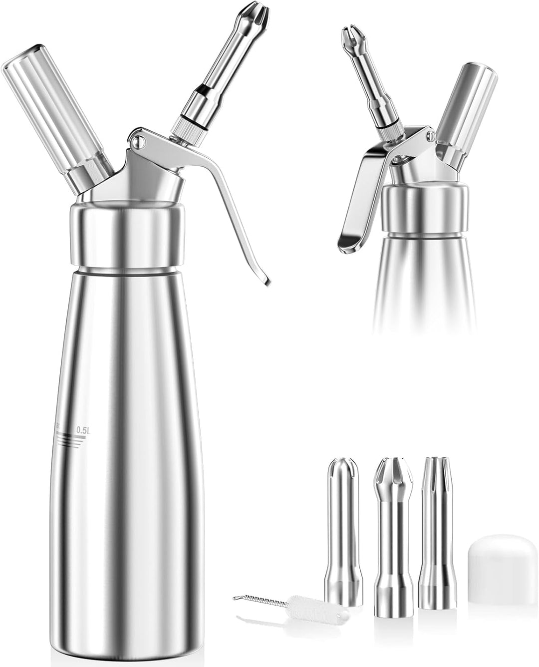 "Gräddsifon i aluminium, 500 ml, med tre dekorationsmunstycken för kreativ och mångsidig matlagning."
