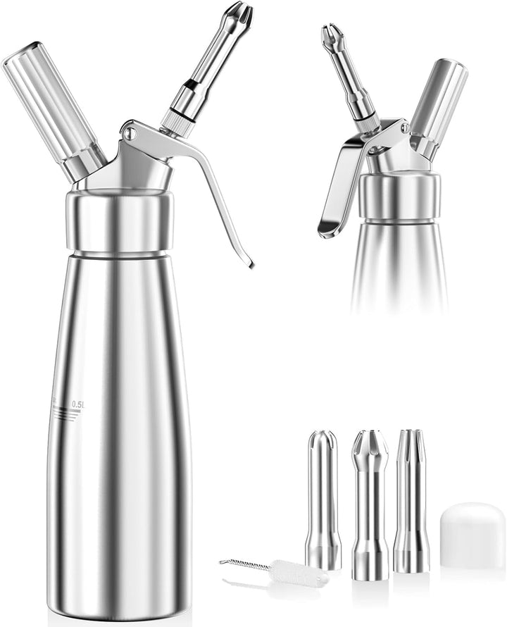 "Gräddsifon i aluminium, 500 ml, med tre dekorationsmunstycken för kreativ och mångsidig matlagning."