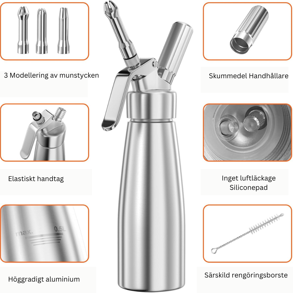 "Gräddsifon i aluminium, 500 ml, med tre dekorationsmunstycken för kreativ och mångsidig matlagning."
