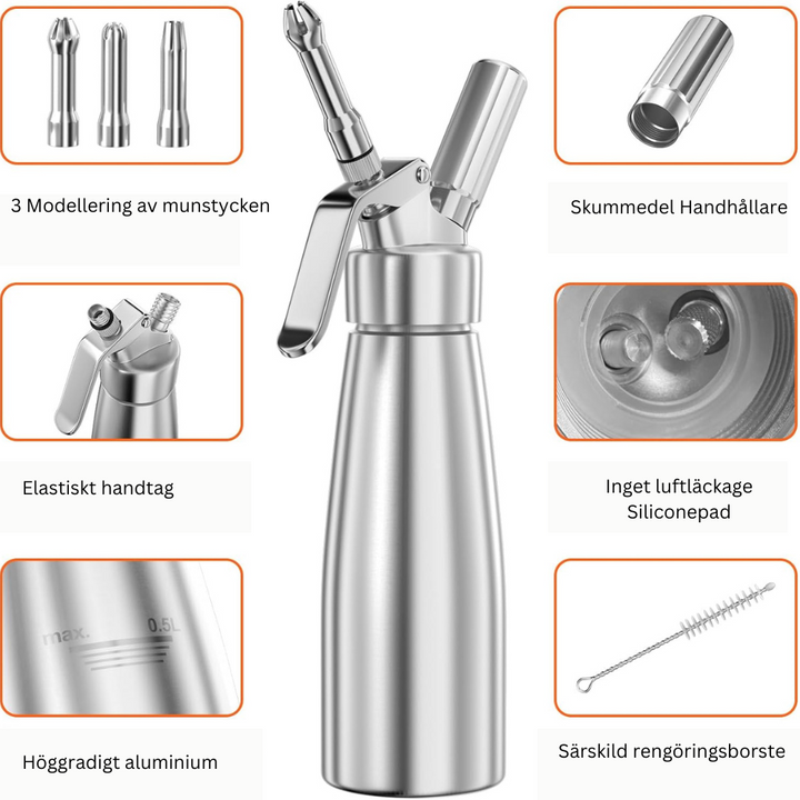"Gräddsifon i aluminium, 500 ml, med tre dekorationsmunstycken för kreativ och mångsidig matlagning."