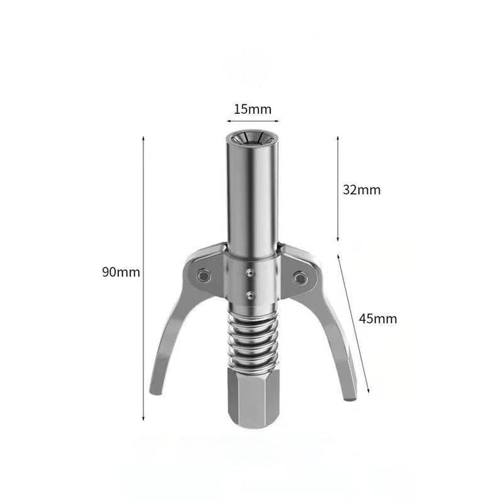 Grease gun coupler i rostfritt stål med dubbelhandtag, ergonomisk design, och läckagesäkra käftar för smidig användning.