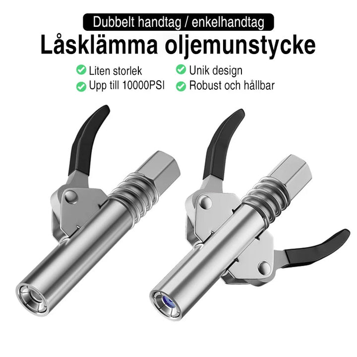 Grease gun coupler i rostfritt stål med dubbelhandtag, ergonomisk design, och läckagesäkra käftar för smidig användning.