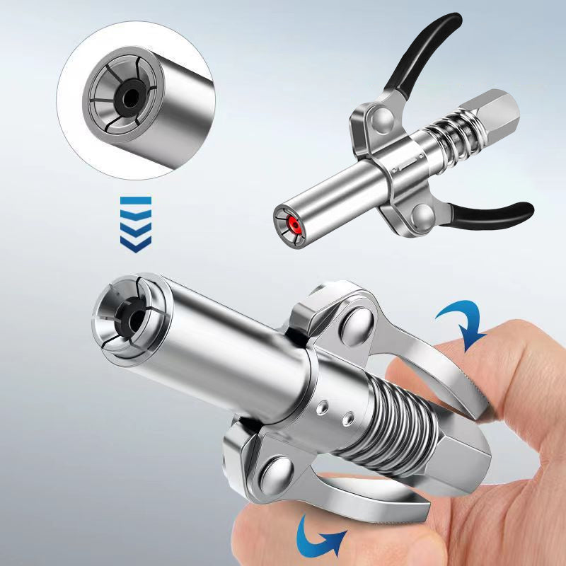 Grease gun coupler i rostfritt stål med dubbelhandtag, ergonomisk design, och läckagesäkra käftar för smidig användning.