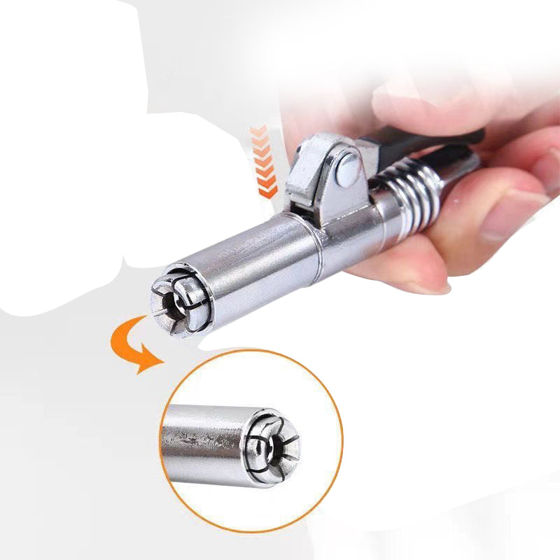 Grease gun coupler i rostfritt stål med dubbelhandtag, ergonomisk design, och läckagesäkra käftar för smidig användning.
