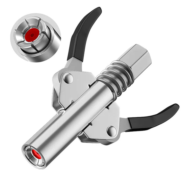 Grease gun coupler i rostfritt stål med dubbelhandtag, ergonomisk design, och läckagesäkra käftar för smidig användning.