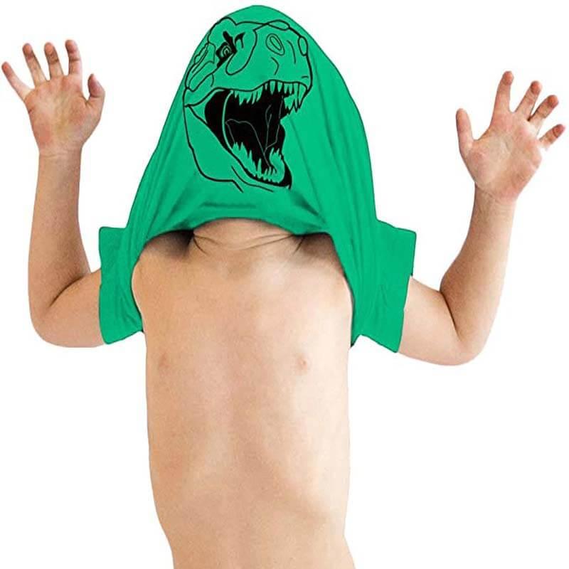 Grön dinosaurie-T-shirt för vuxna och barn med lekfullt T-rex-tryck, idealisk för alla dinosaurieälskare.