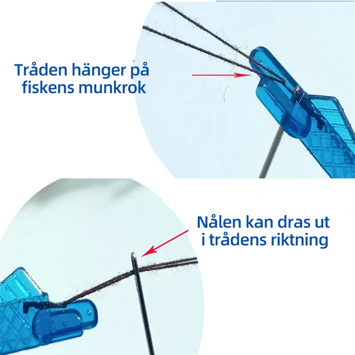Grön fiskformad nålträdare av plast för symaskiner, enkel trädning, slitstark och kompatibel med äldre och nya maskiner.