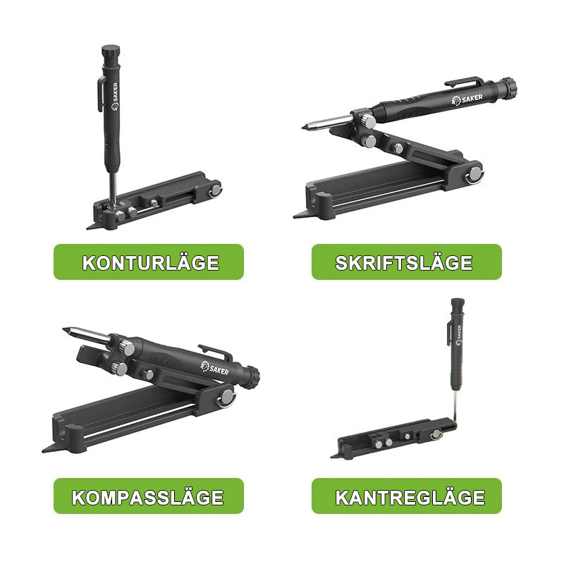 "Grön och svart multifunktions verktygspenna för bygg- och konstruktion, med justerbar form och hållbar design."