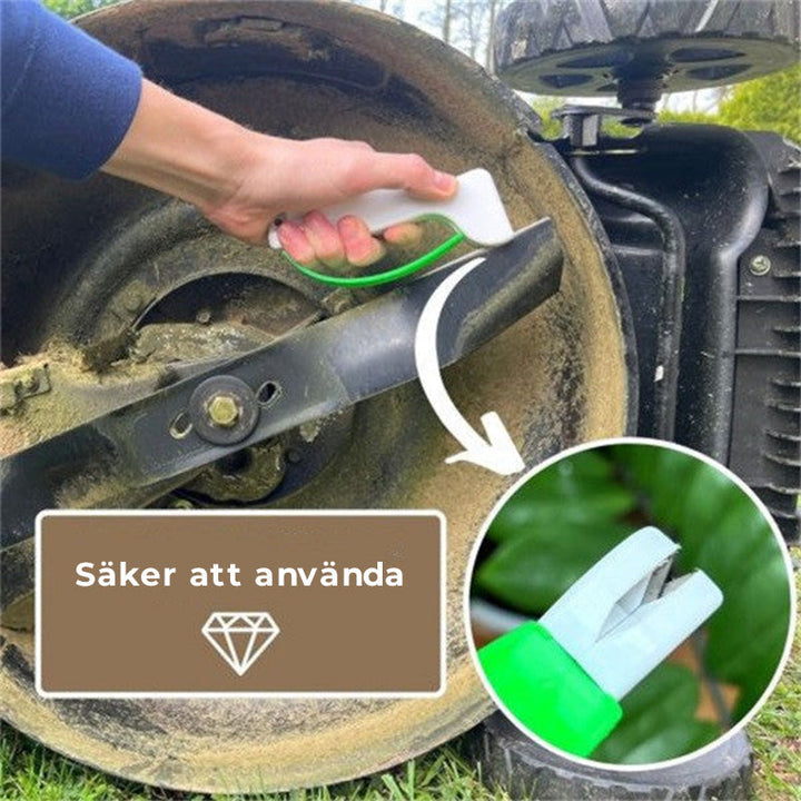 "Grön portabel utomhusknivslipare med slitstarkt volframstålblad, kompakt design, idealisk för trädgårdsredskap."