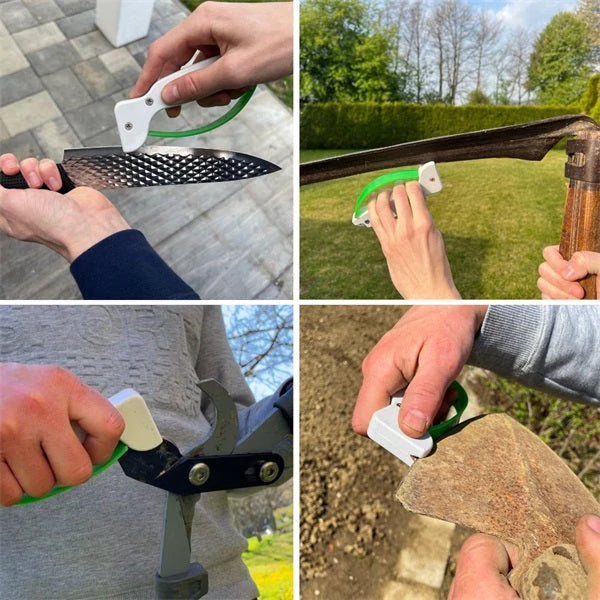 "Grön portabel utomhusknivslipare med slitstarkt volframstålblad, kompakt design, idealisk för trädgårdsredskap."