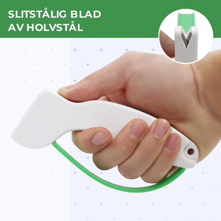 "Grön portabel utomhusknivslipare med slitstarkt volframstålblad, kompakt design, idealisk för trädgårdsredskap."