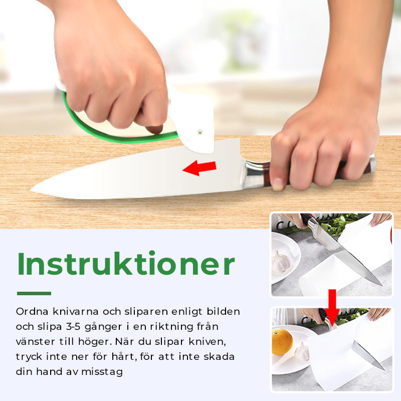 "Grön portabel utomhusknivslipare med slitstarkt volframstålblad, kompakt design, idealisk för trädgårdsredskap."
