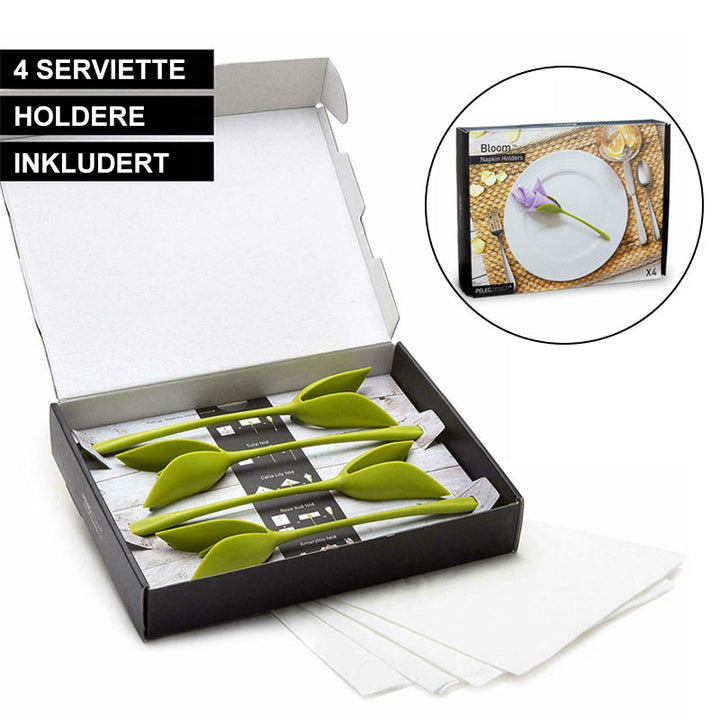 "Grön servetthållare med blomdesign och elegant utseende för borddukning, perfekt för alla tillfällen och dekoration."