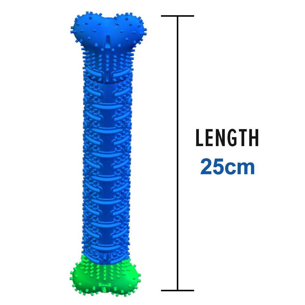 "Grön självrensande tuggborste i gummi för hundar, tandvårdsleksak för bättre munhälsa och lek."
