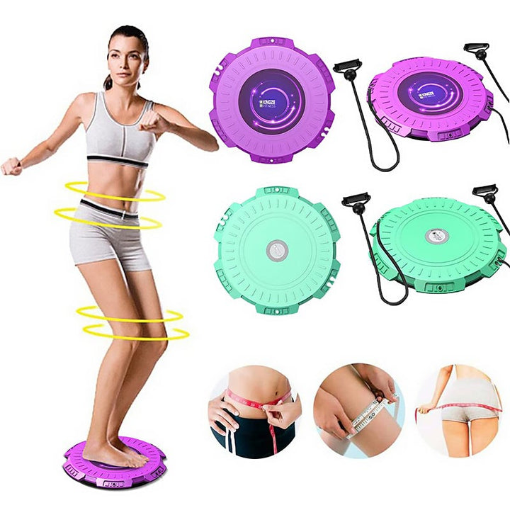 Grön/lila massage midja vridbräda med dragrep för träning, stabil och halkfri, diameter 28 cm, för fitness och hälsa.