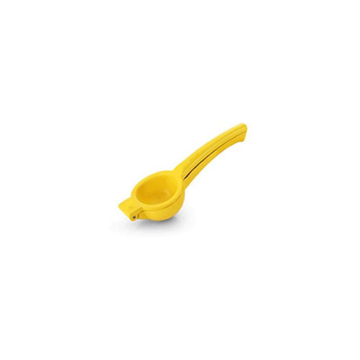 "Gul citruspress i aluminium, ergonomisk design, perfekt för kök, lättanvänd, pressar citrusjuice effektivt."