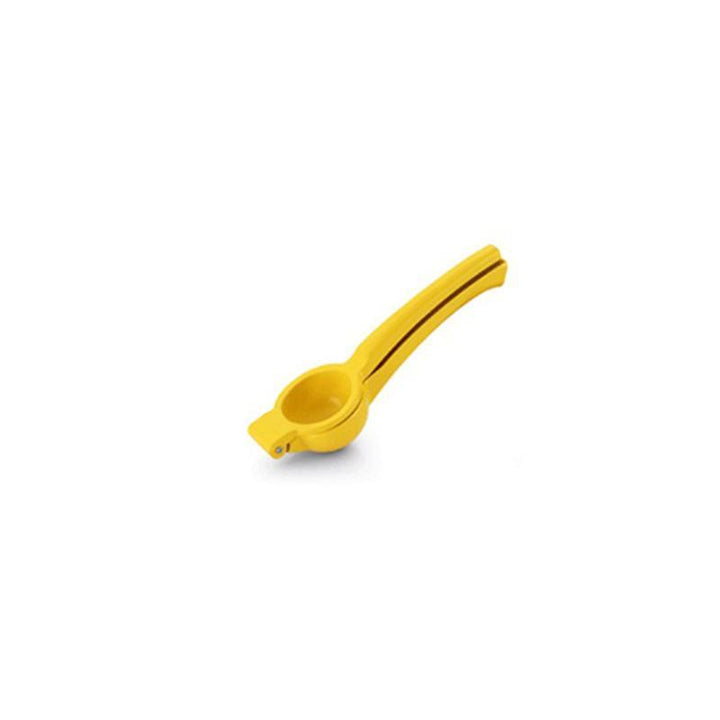 "Gul citruspress i aluminium, ergonomisk design, perfekt för kök, lättanvänd, pressar citrusjuice effektivt."