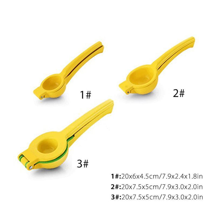 "Gul citruspress i aluminium, ergonomisk design, perfekt för kök, lättanvänd, pressar citrusjuice effektivt."