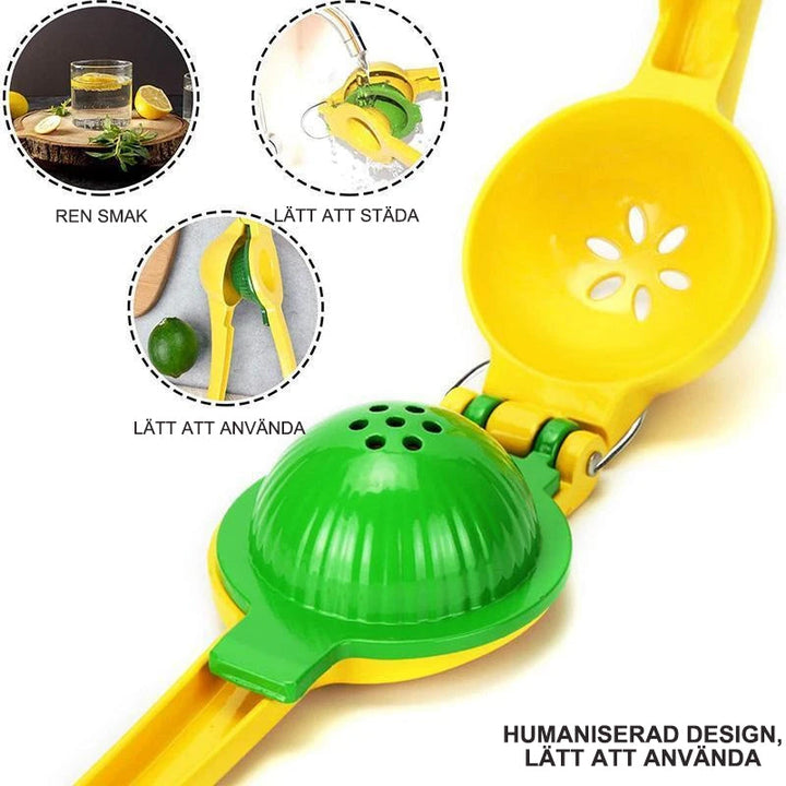 "Gul citruspress i aluminium, ergonomisk design, perfekt för kök, lättanvänd, pressar citrusjuice effektivt."