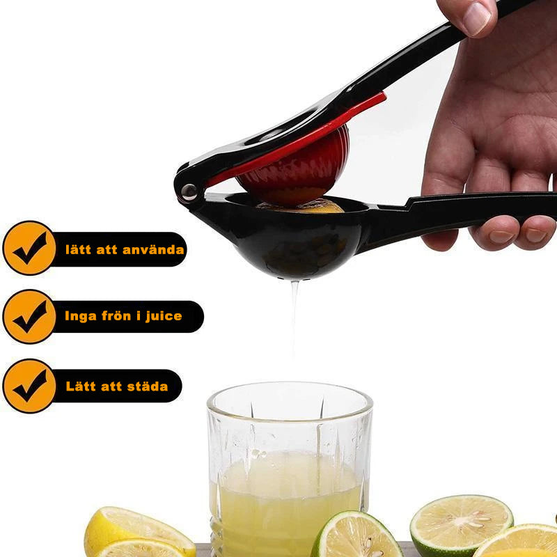 "Gul citruspress i aluminium, ergonomisk design, perfekt för kök, lättanvänd, pressar citrusjuice effektivt."