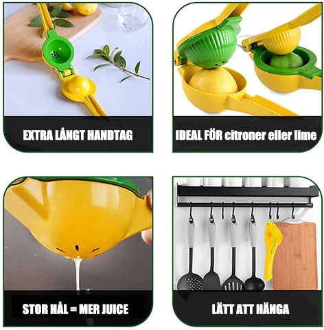 "Gul citruspress i aluminium, ergonomisk design, perfekt för kök, lättanvänd, pressar citrusjuice effektivt."