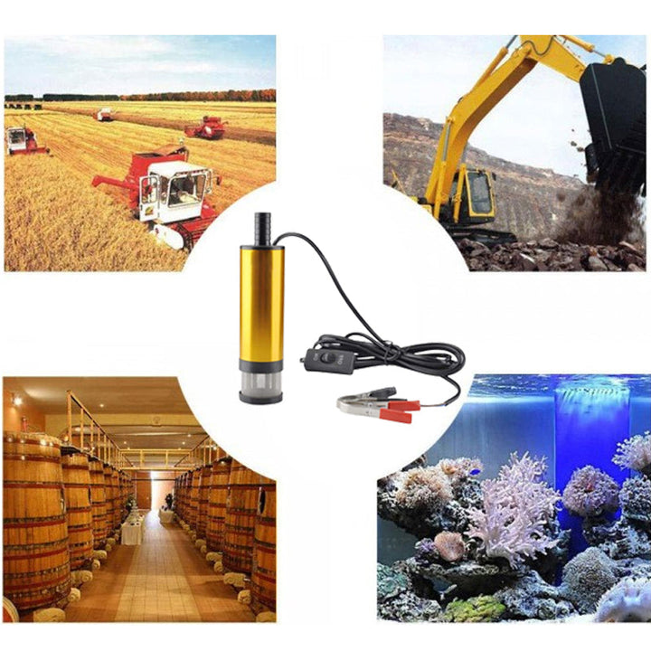 Gul elektrisk mikrobränslepump i aluminiumlegering, robust design med rostfritt stålfilter, idealisk för DC12V/24V system.