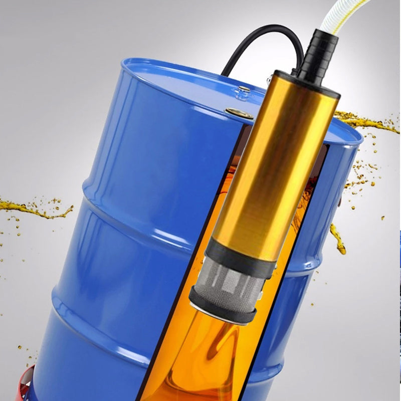 Gul elektrisk mikrobränslepump i aluminiumlegering, robust design med rostfritt stålfilter, idealisk för DC12V/24V system.