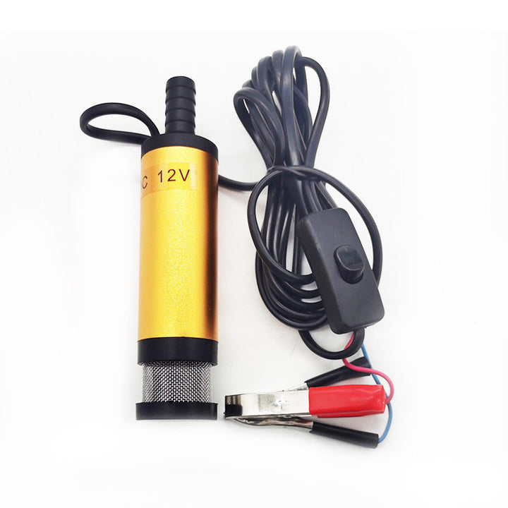 Gul elektrisk mikrobränslepump i aluminiumlegering, robust design med rostfritt stålfilter, idealisk för DC12V/24V system.