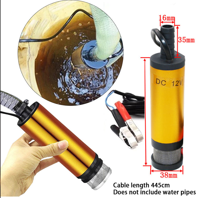 Gul elektrisk mikrobränslepump i aluminiumlegering, robust design med rostfritt stålfilter, idealisk för DC12V/24V system.