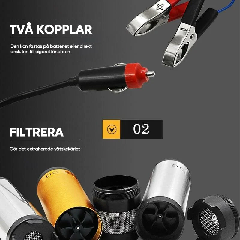 Gul elektrisk mikrobränslepump i aluminiumlegering, robust design med rostfritt stålfilter, idealisk för DC12V/24V system.