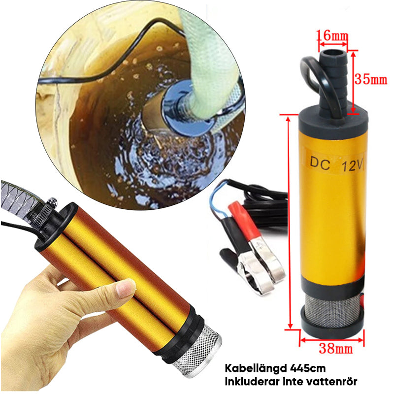 Gul elektrisk mikrobränslepump i aluminiumlegering, robust design med rostfritt stålfilter, idealisk för DC12V/24V system.