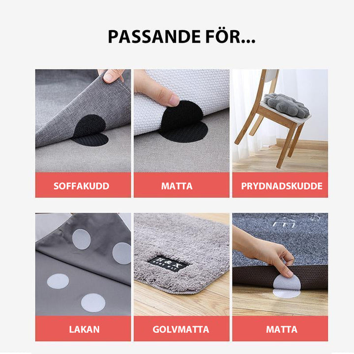 "Halkfria krokar och öglor, PVC, svart/vit för säkert fäste av mattor, stilren design, interiörsäkerhet."