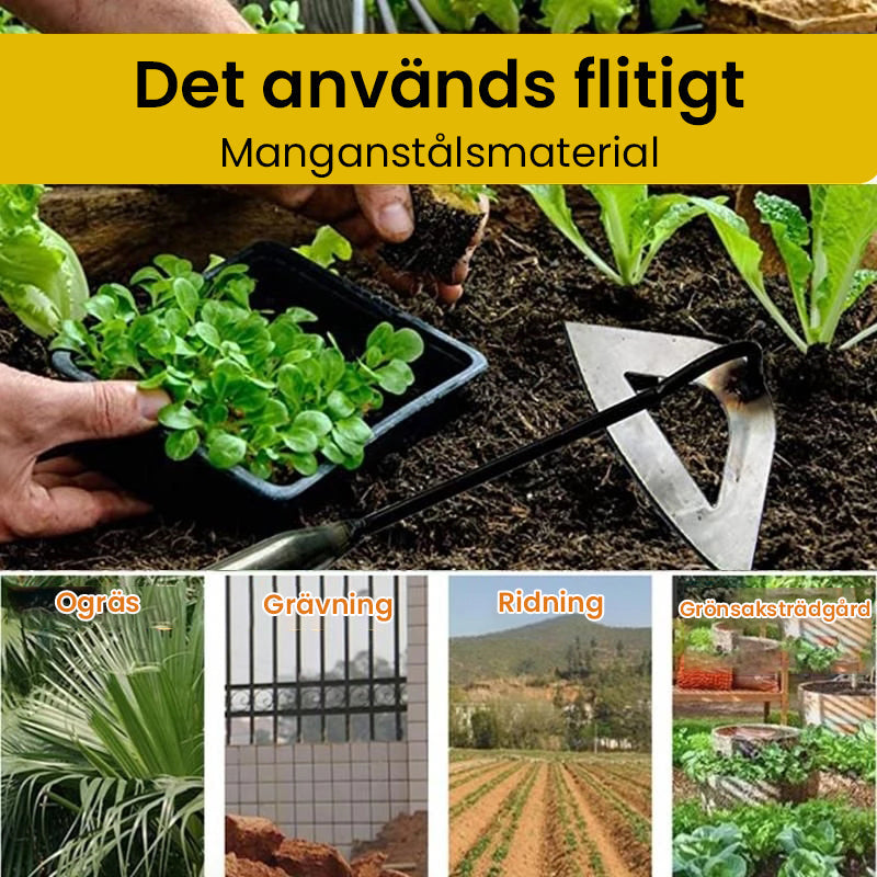 "Hållbar stålskyffel med ihålig design, ideell för grävning och ogräsrensning i trädgården."
