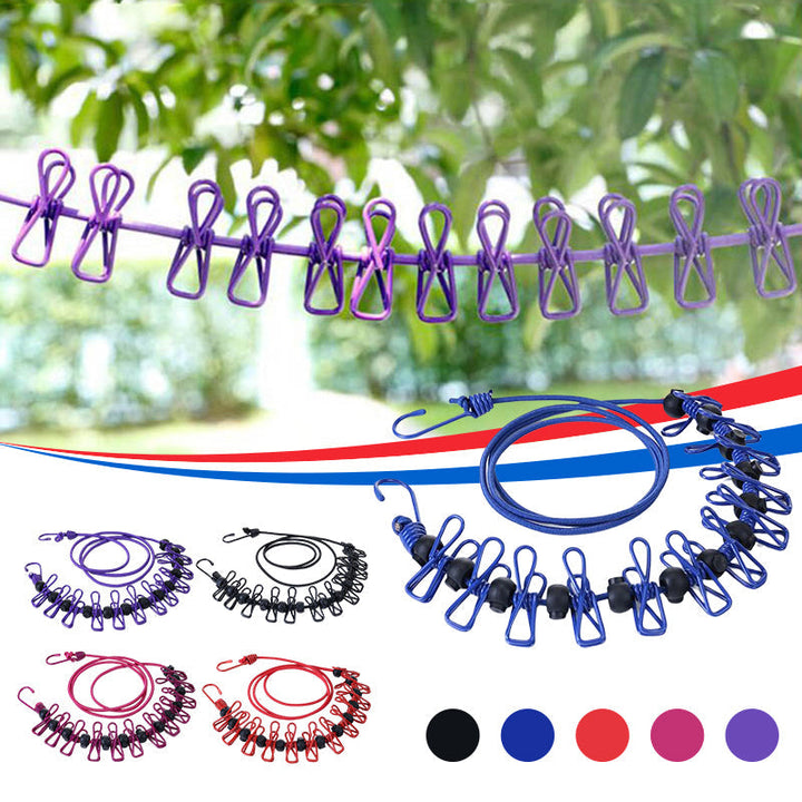 "Hållbar stretchbar utomhus klädlina, gummiband, expanderbar 3,6m, robusta klämmor, halkfri design, portabel."