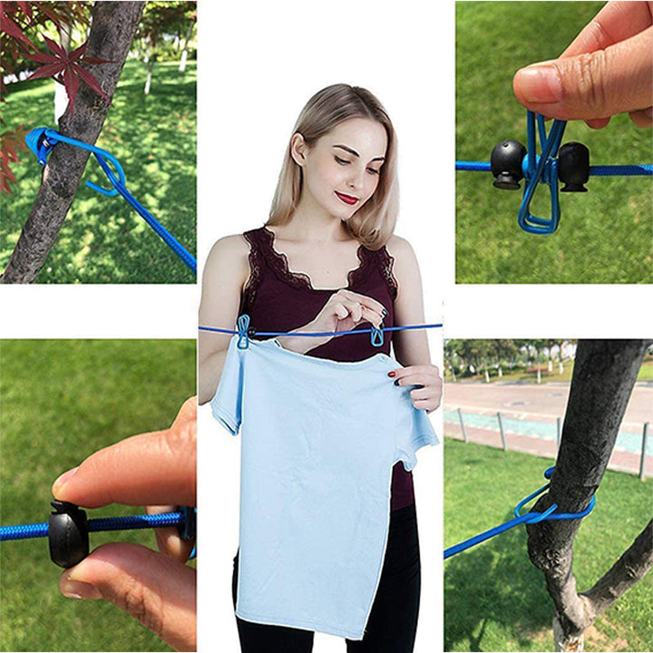 "Hållbar stretchbar utomhus klädlina, gummiband, expanderbar 3,6m, robusta klämmor, halkfri design, portabel."