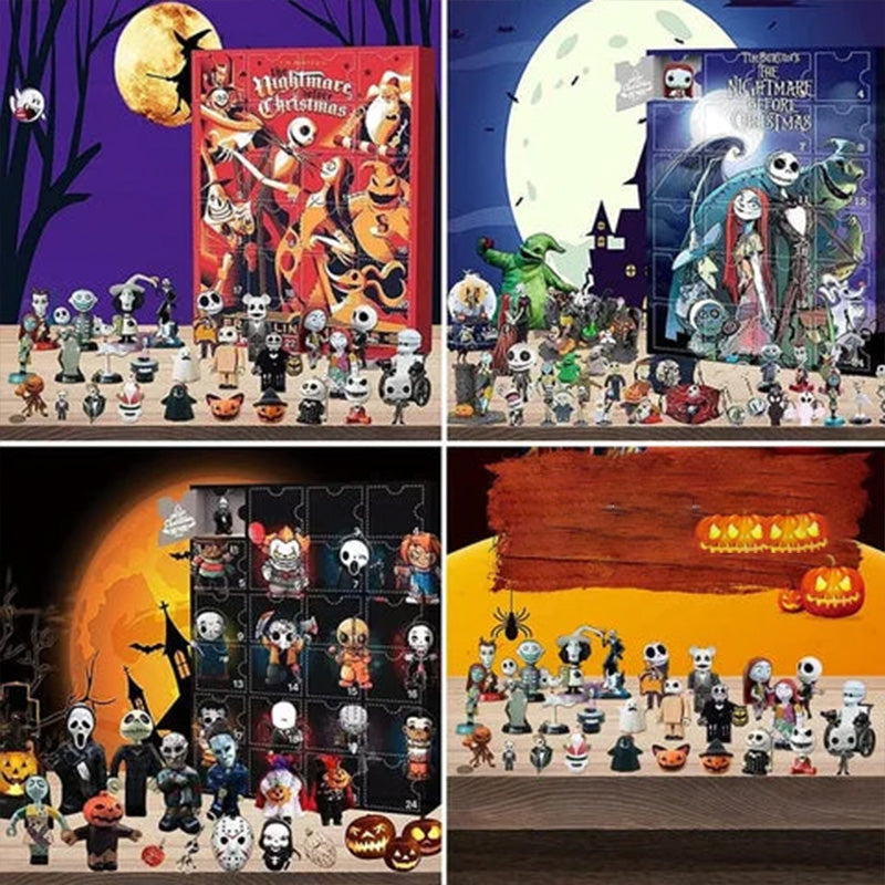"Halloween Deadventskalender med mystisk design, 24 överraskningar som dockor och figurer för spännande nedräkning."