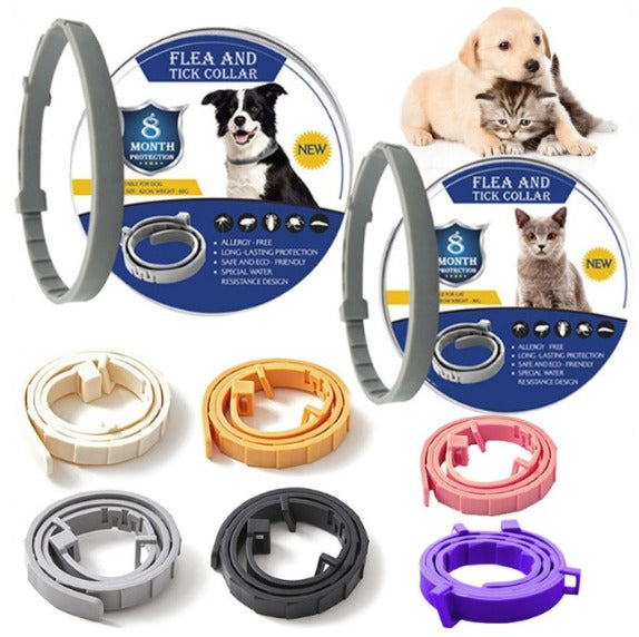 "Halsband i lila för husdjur, skyddar mot loppor och fästingar, passar både hundar och katter, 8 månaders skydd."